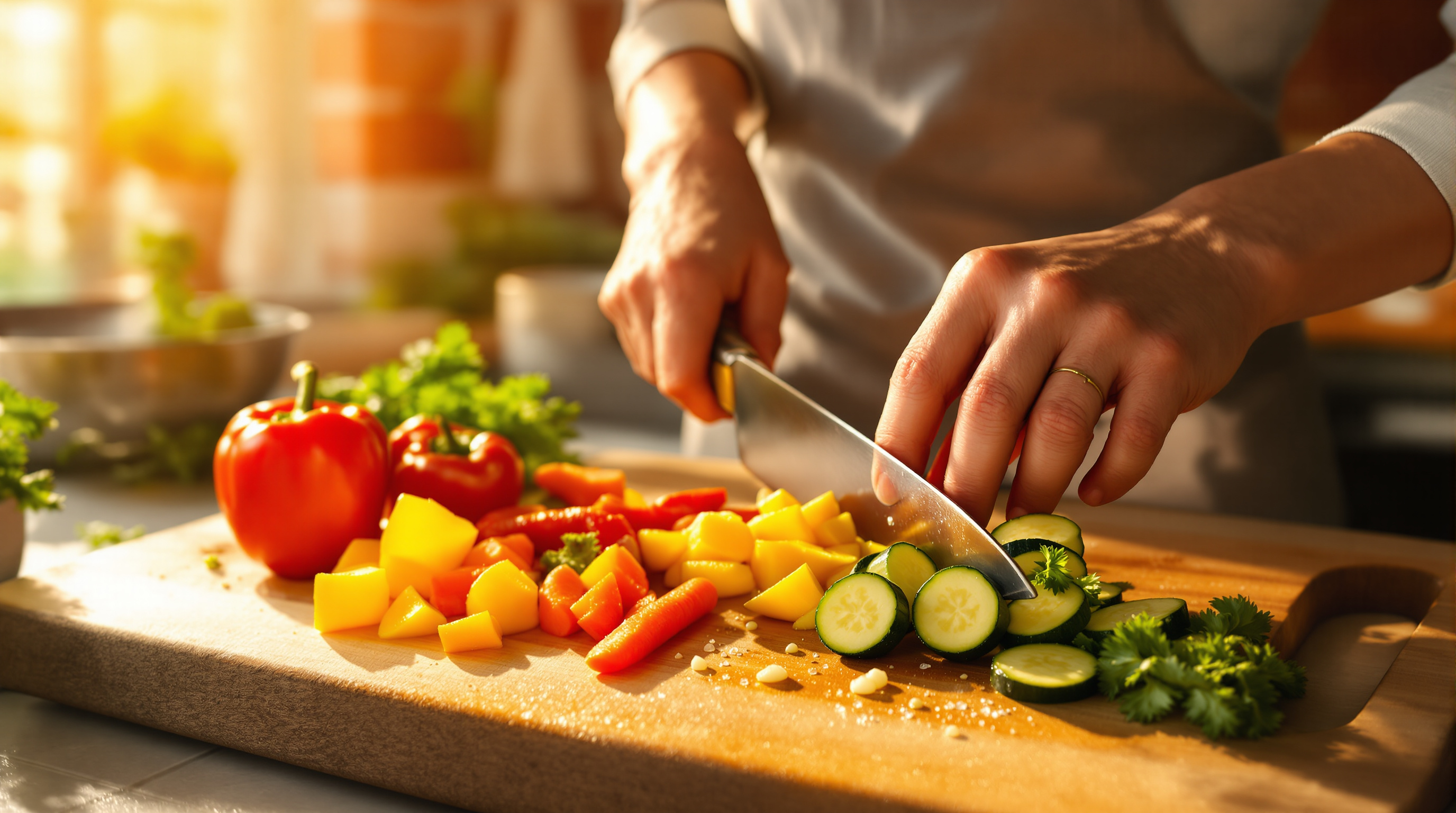 Hands chopping fresh vegetables in a sunlit kitchen