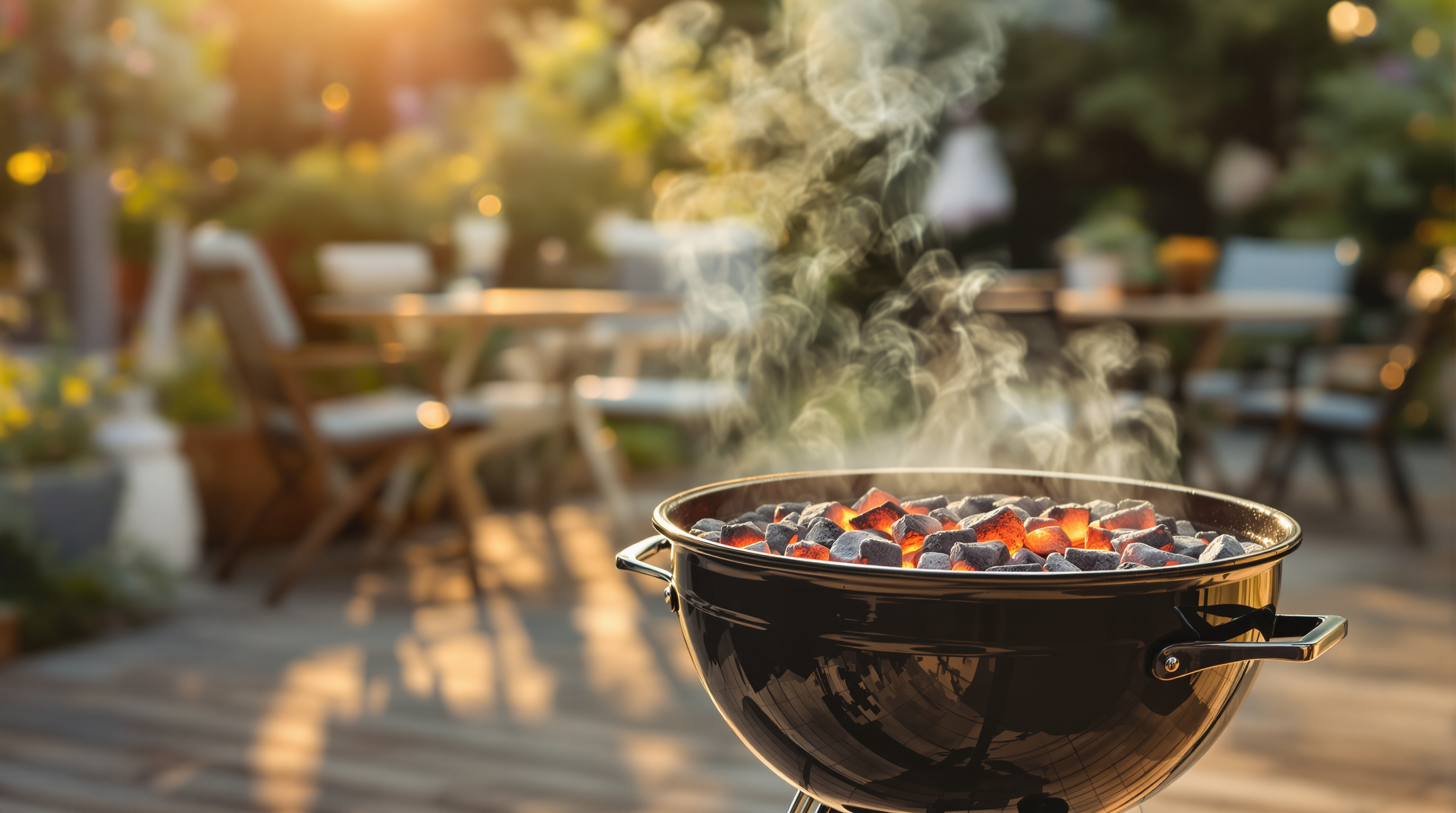 Kettle charcoal grill with glowing coals on a patio