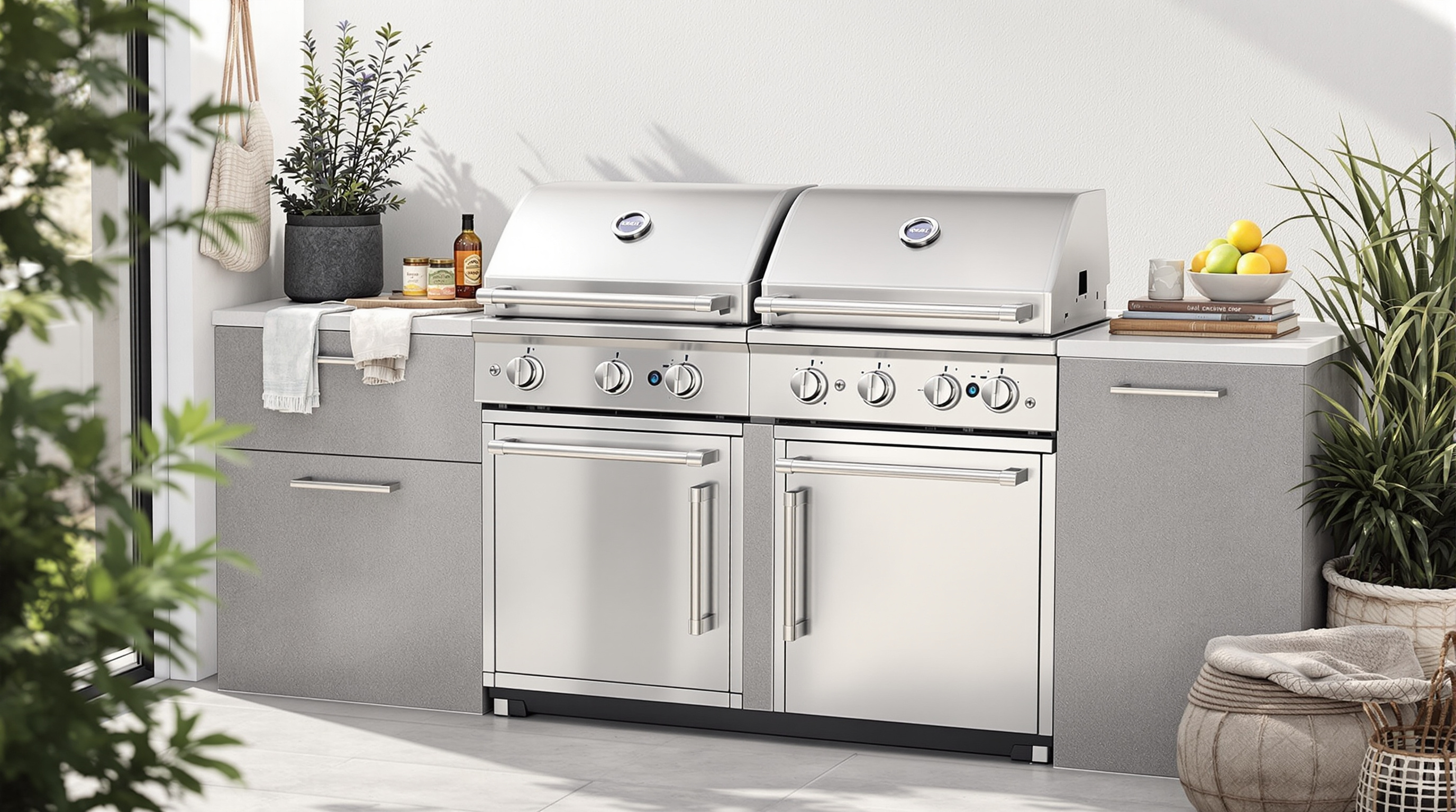 Stainless gas and charcoal combination grill on a patio