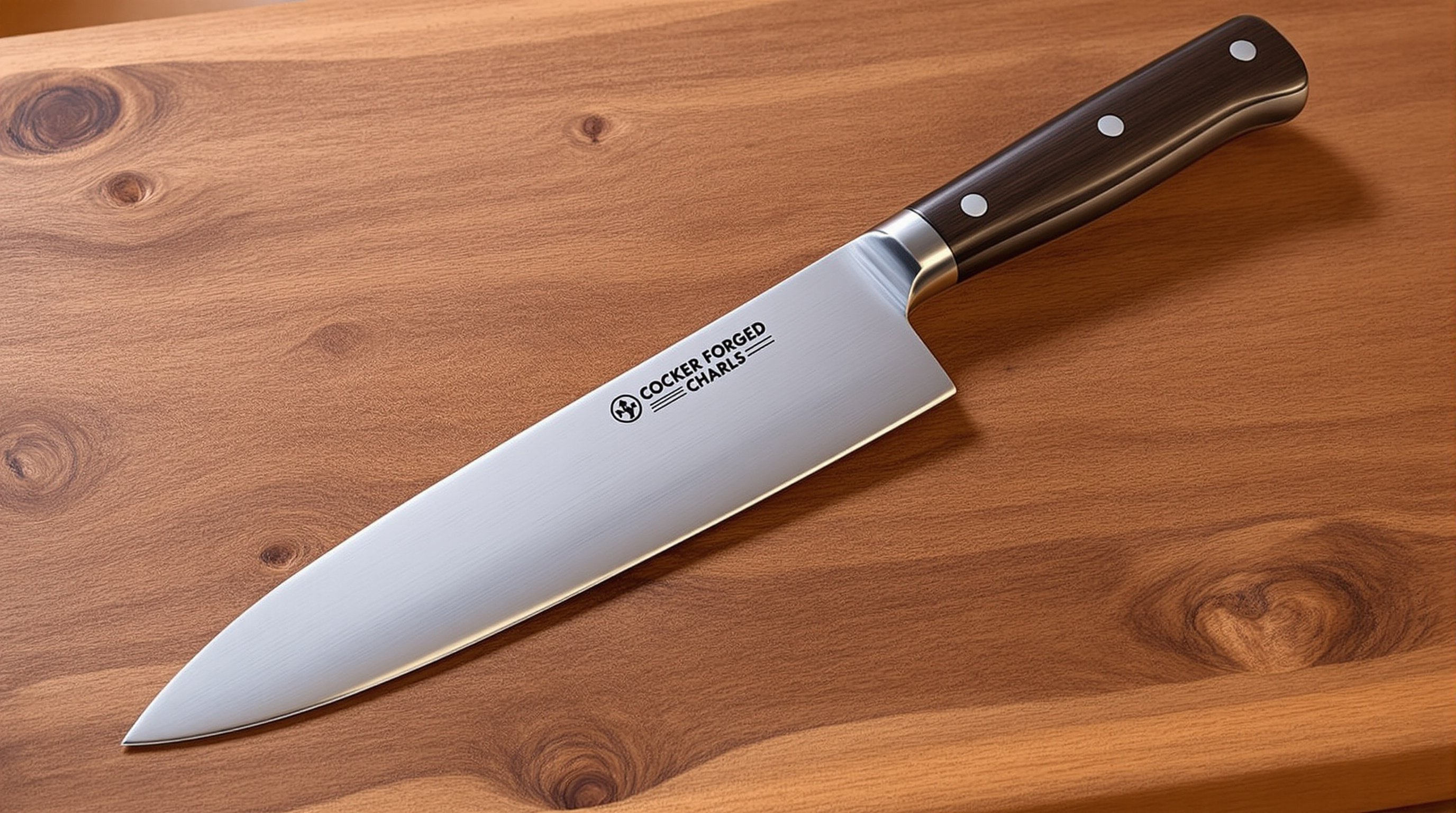 Heavy forged German-style chef knife on a butcher block