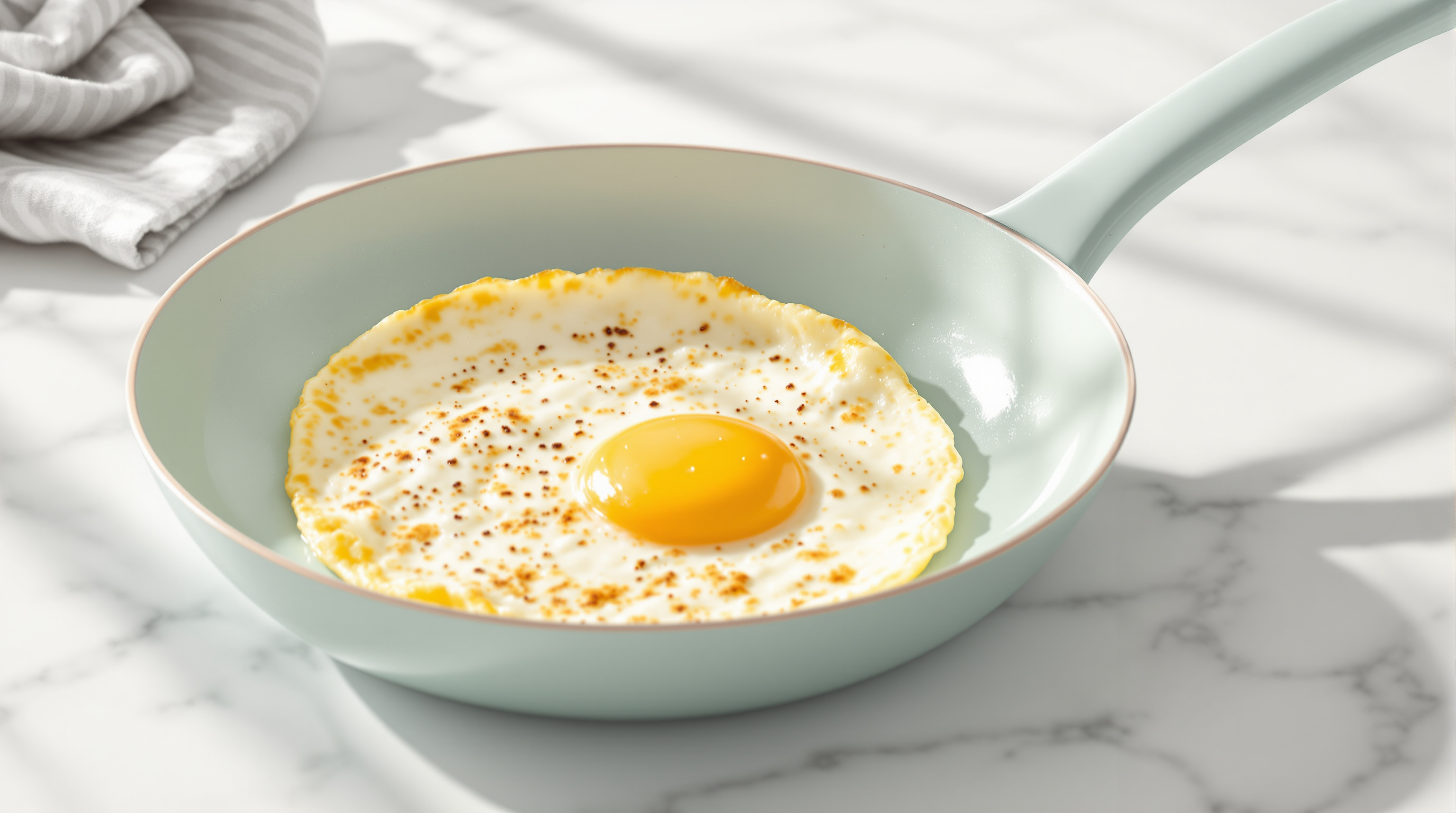 Sage-green ceramic non-stick pan with an omelette
