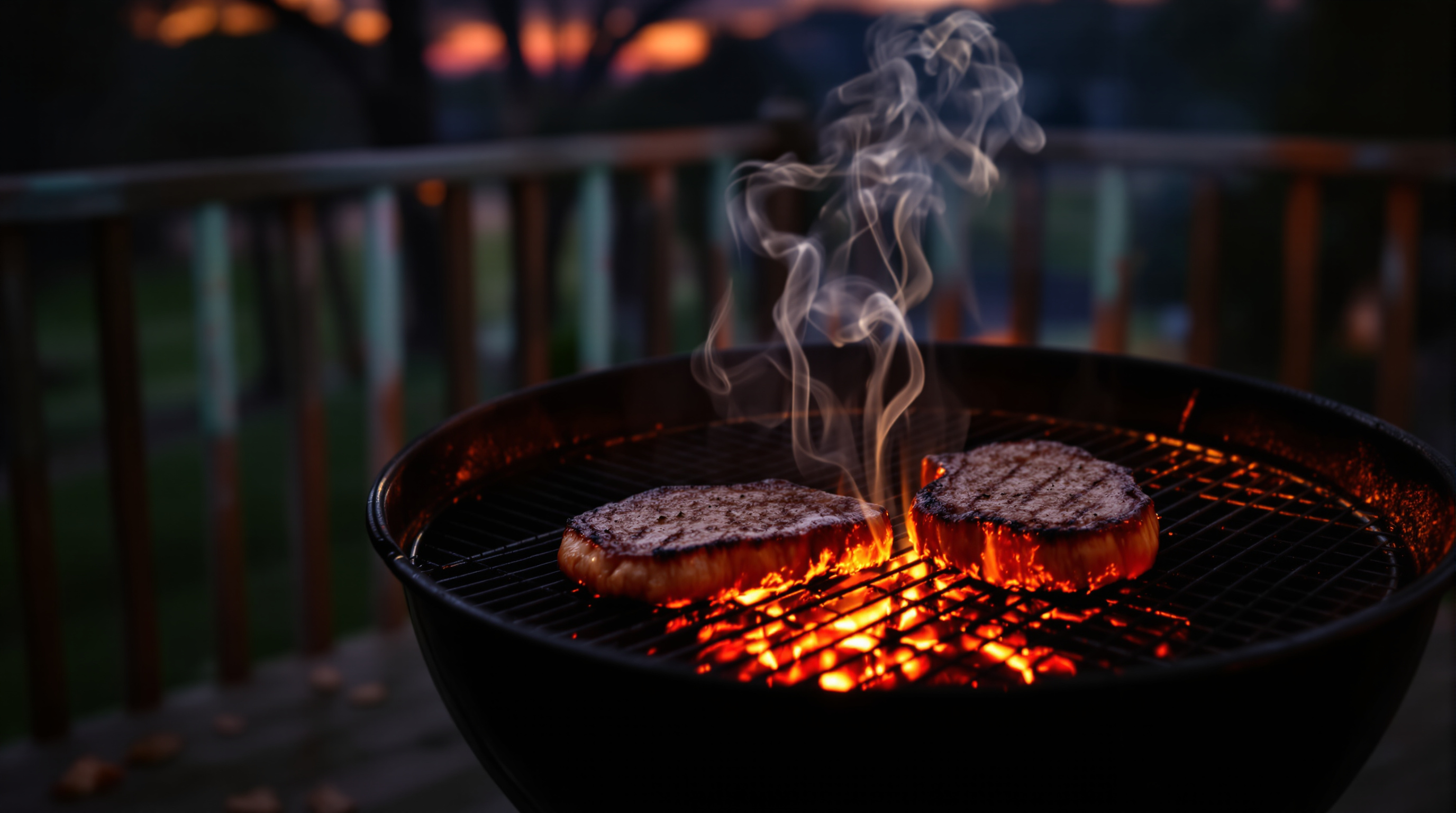 Charcoal grill with glowing coals and steaks at dusk