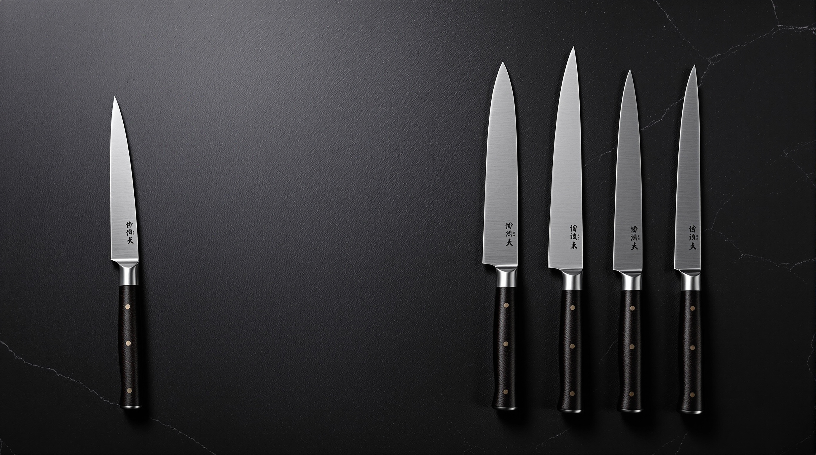 Set of Japanese kitchen knives on a dark surface