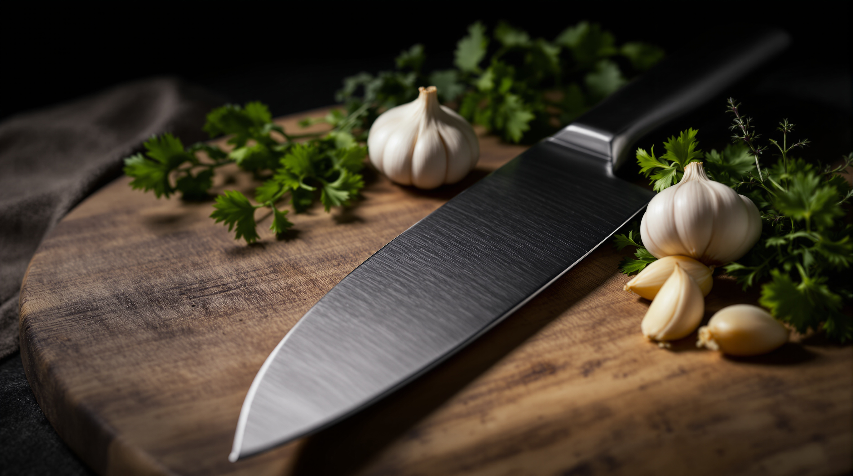 Chef knife on a wooden cutting board with herbs