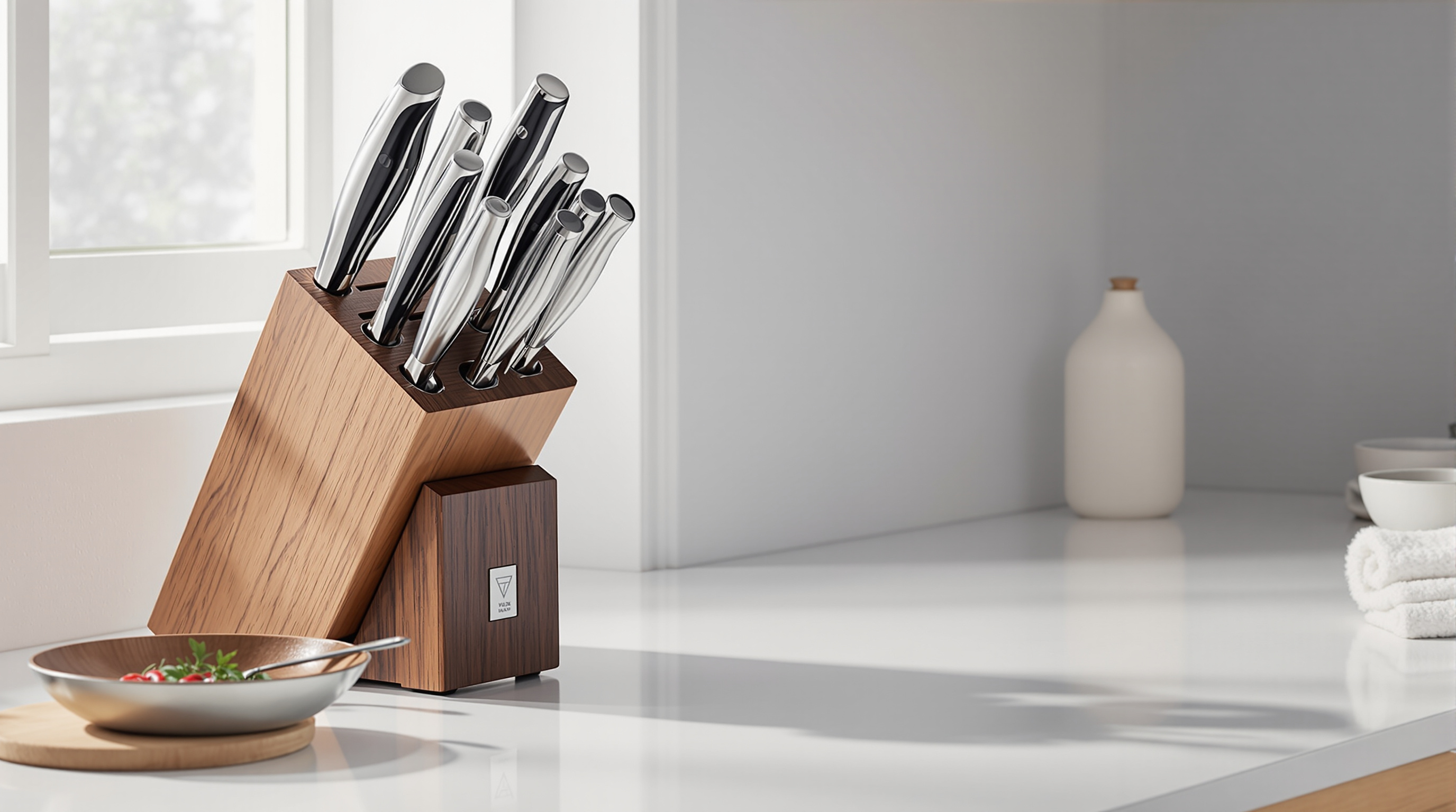 Wooden knife block with a coordinated kitchen knife set