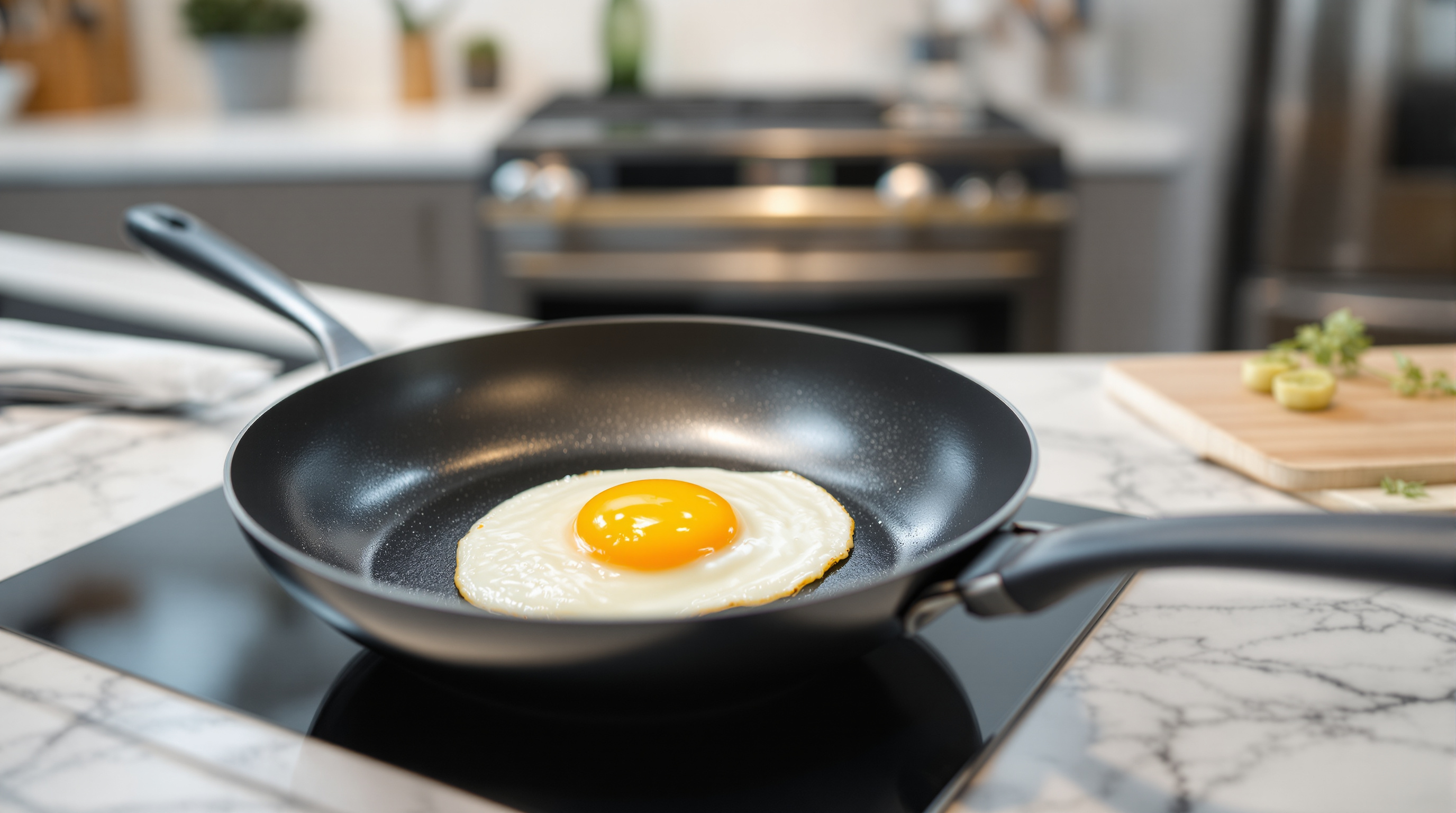 Fried egg sliding off a non-stick frying pan