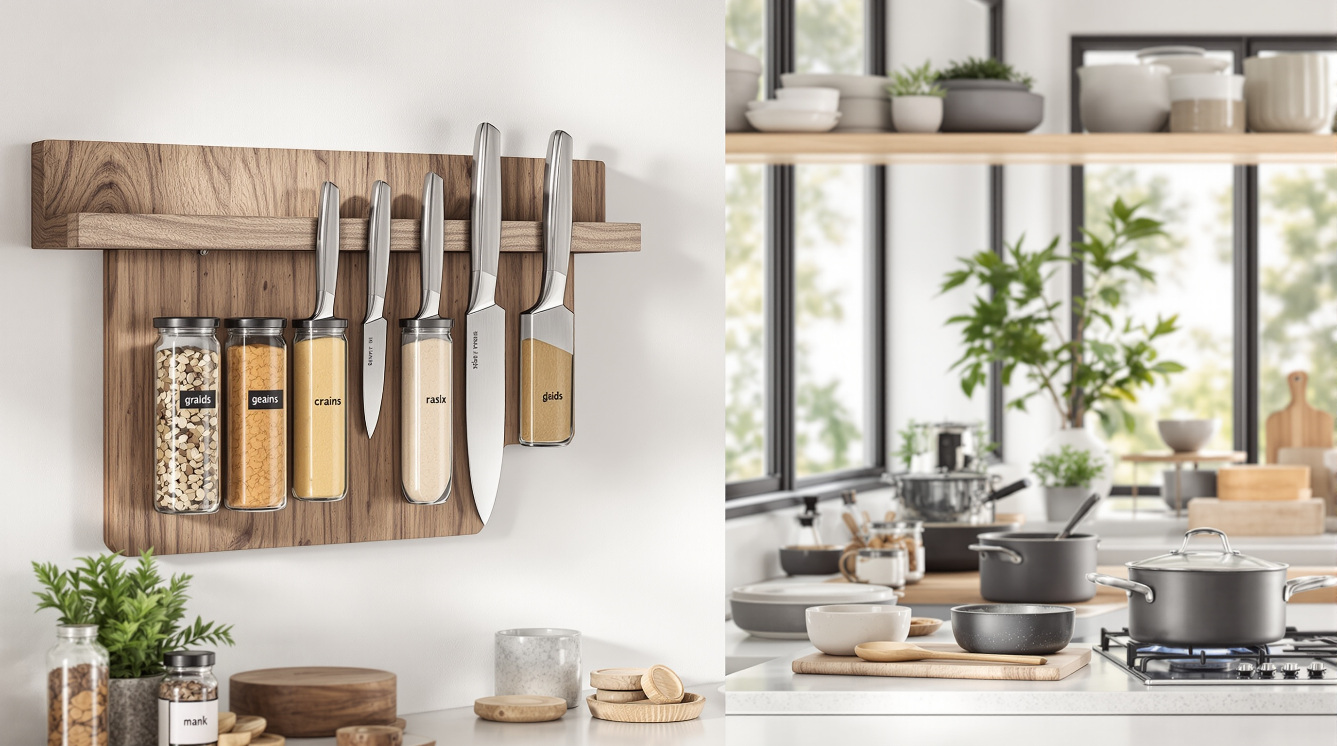 Neatly organized modern kitchen with tidy shelving and pantry