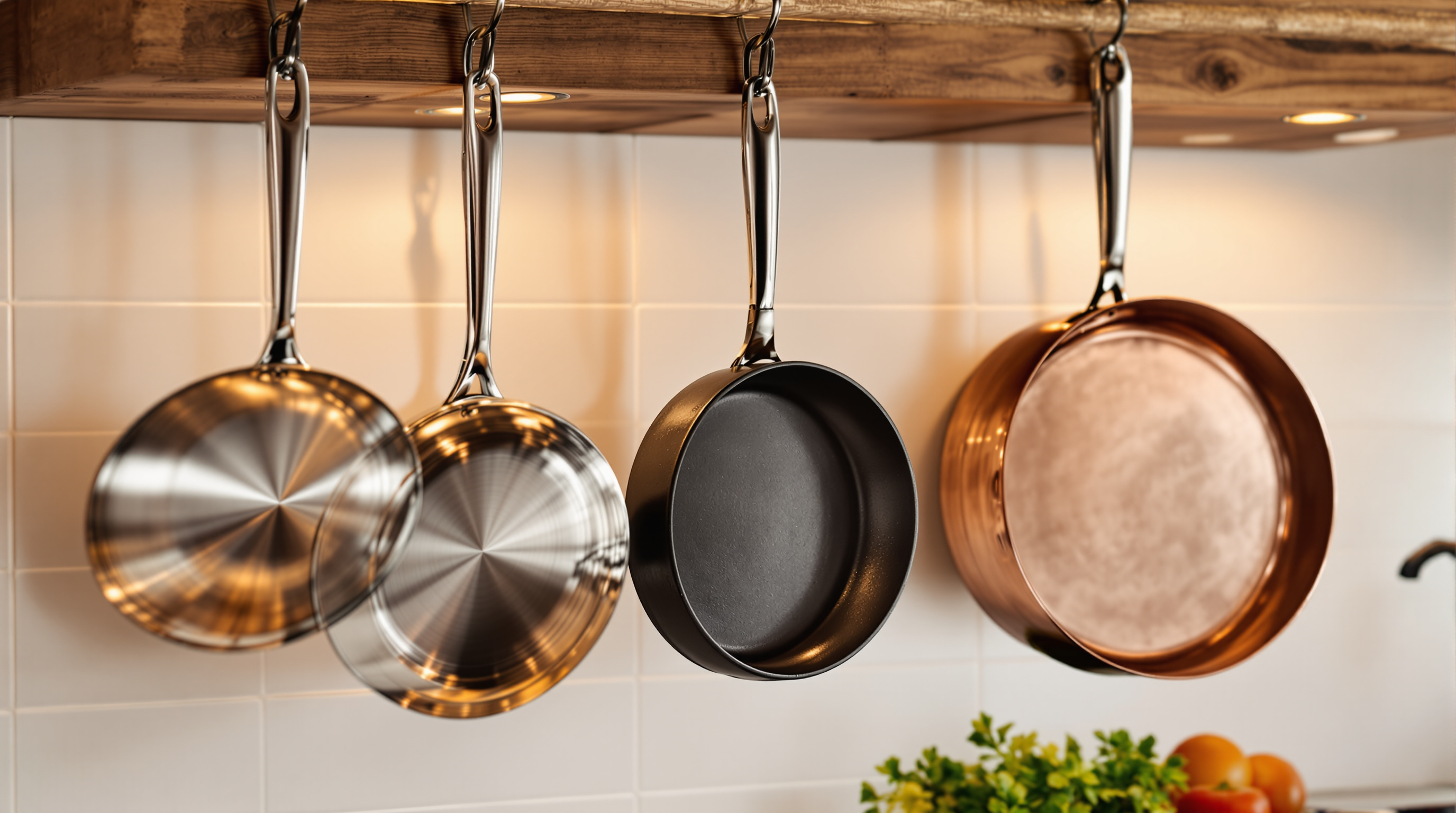 Assorted cookware hanging on a rustic kitchen rail