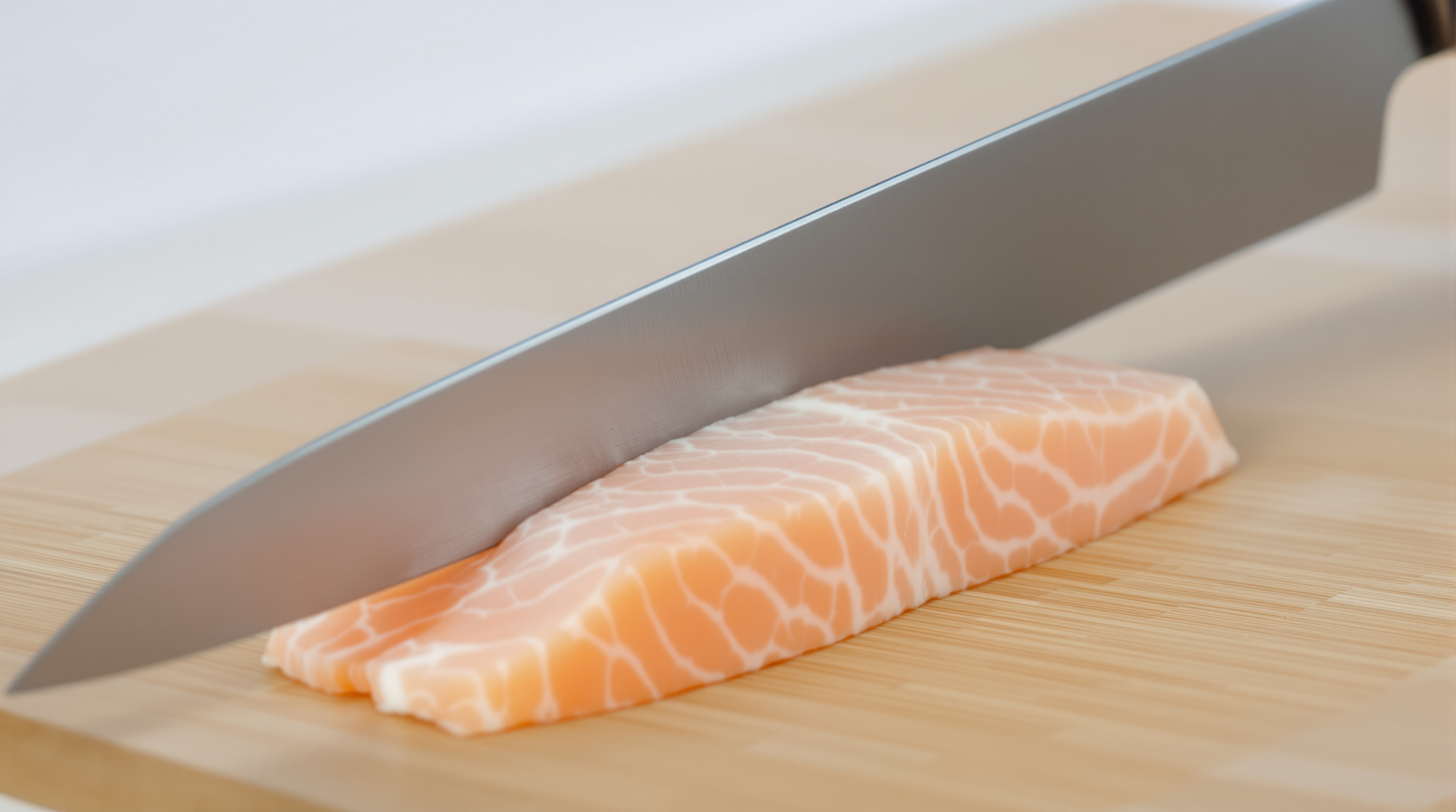 Long sashimi knife slicing fresh salmon