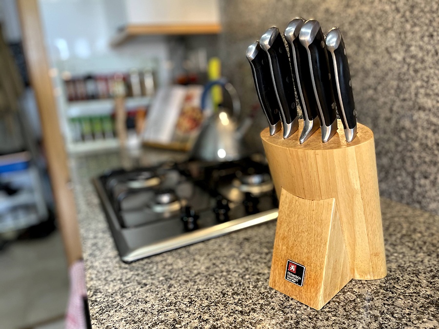 a kitchen knife set in a block